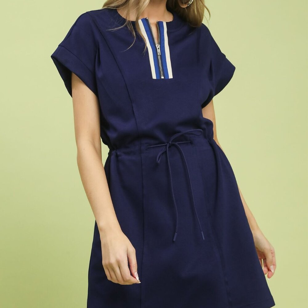 NWT Umgee Dark Blue Knit Zip Front Drawstring Dress – Casual Short Sleeve